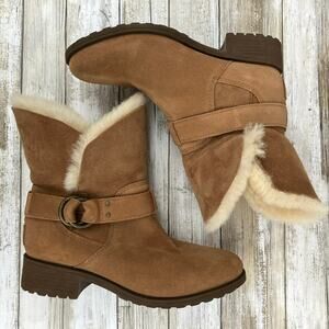 UGG Boots Sz 8 Bodie Brown Waterproof Fold Over Buckle Suede Faux Fur Cozy